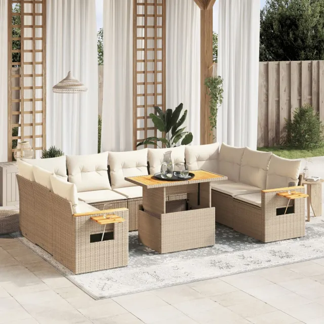 vidaXL 10-delige Loungeset met kussens poly rattan beige, foto 2