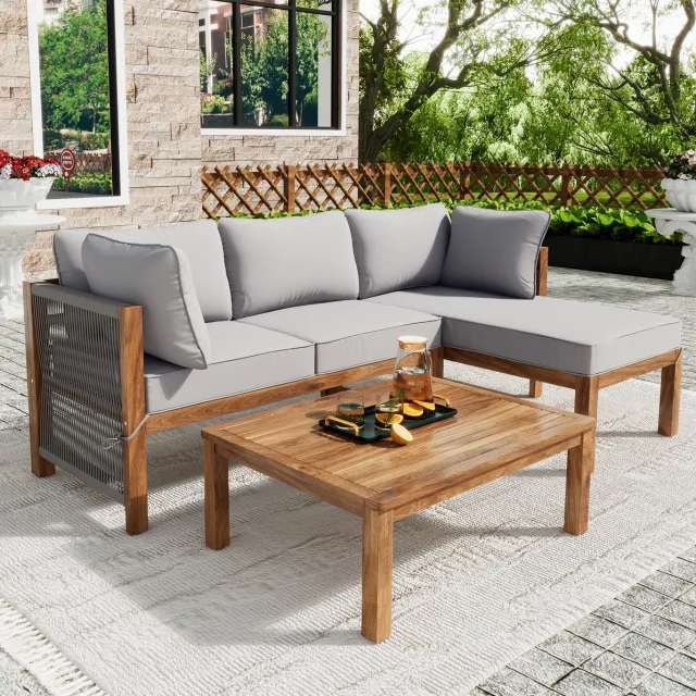 DESMIU Loungeset 175 x 117 cm - Hoek Loungeset Met Tafel En Afneembare Kussens - Voor Tuin En Terras - Acaciahout - Grijs