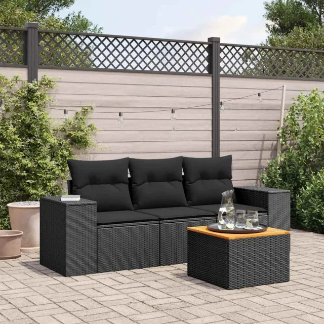 vidaXL 4-delige Loungeset met kussens poly rattan zwart, foto 2
