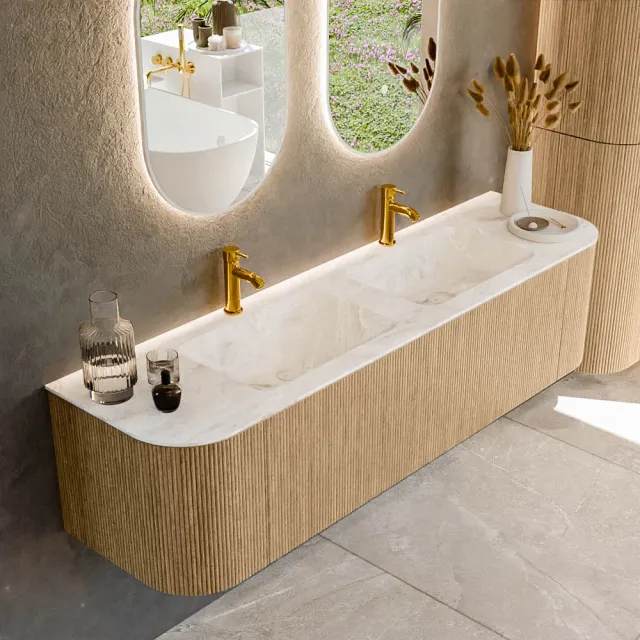 Mondiaz KURVE-DLUX 170 cm Onderkast Greeploos 1 Lade Met Deuren Oak, Wastafel Solid Surface Dubbel Frappe 2 Kraangaten Zonder Spiegel (KRVLEA170L+R1L2D2KD-Oak/Fra)