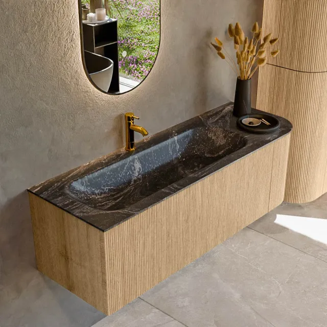 Mondiaz KURVE-DLUX 135 cm Onderkast Greeploos 1 Lade Met Deuren Oak, Wastafel Solid Surface Links Lava 1 Kraangat Zonder Spiegel (KRVBGM135R1L1D1KL-Oak/Lav)