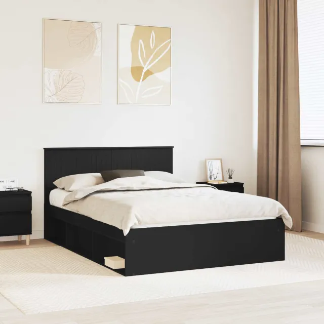 vidaXL Bedframe met hoofdeinde Zwart 135 x 190 cm Massief grenenhout