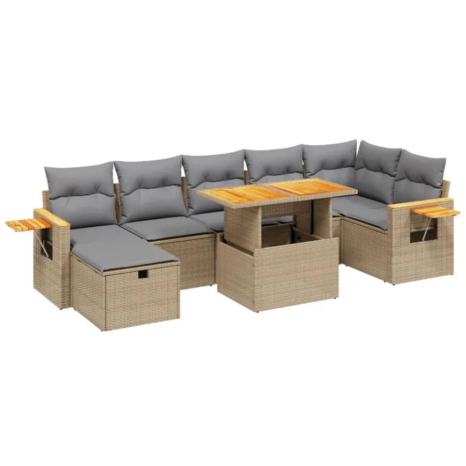 vidaXL 8-delige Loungeset met kussens poly rattan beige, foto 3