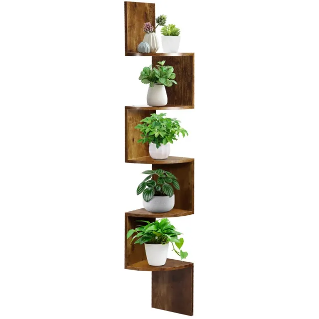 RosaBloom Landelijke Hoekwandplank - 5 Niveaus - Zwevende Boekenkast & Plantenplank - Houtlook Wandmeubel - Vintage Bruin - 20x20x124,5 cm