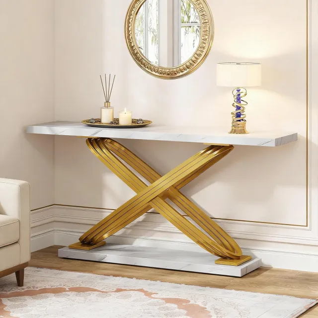 HAUSS SPOLE Consoletafel - Luxe Design Met Kunstmarmer Blad - Voor Hal Woonkamer Of Kantoor - Metaal En Hout - Goud Wit