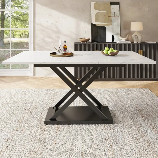 MODFU Uitschuifbare eettafel 120-160×80 cm | gemarmerd MDF, zwarte kruispoten, multifunctioneel Wit+Zwart