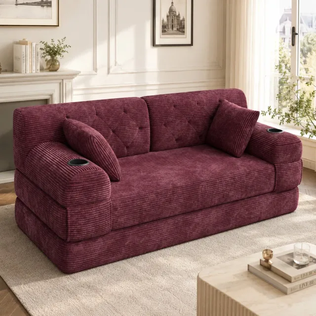 COVREO 3-zits slaapbank met hoge rugleuning – 208x80x81 cm – Bedbank met 4 zijvakken – Sofa voor woonkamer en gasten – Wijnrood