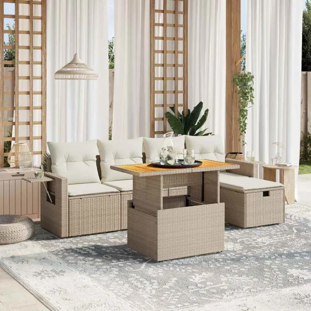 vidaXL 6-delige Loungeset met kussens poly rattan beige, foto 2