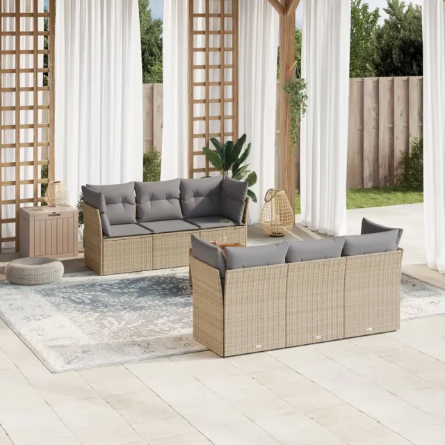 vidaXL 7-delige Loungeset met kussens poly rattan beige, foto 2
