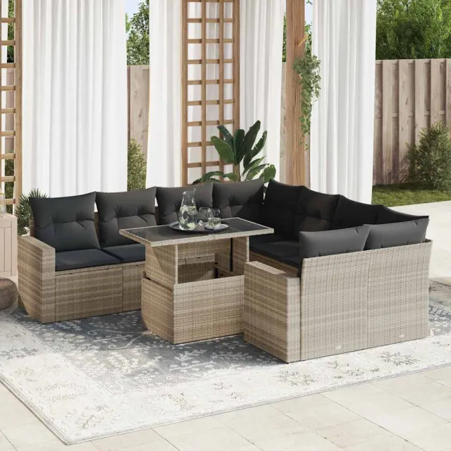 vidaXL 9-delige Loungeset met kussens poly rattan lichtgrijs grijs, foto 2