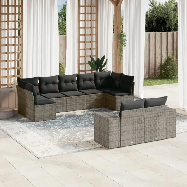 vidaXL 9-delige Loungeset met kussens poly rattan grijs, foto 2