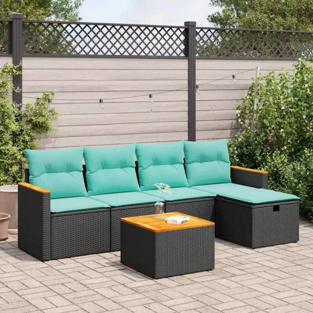 vidaXL 6-delige Loungeset met kussens poly rattan zwart, foto 2