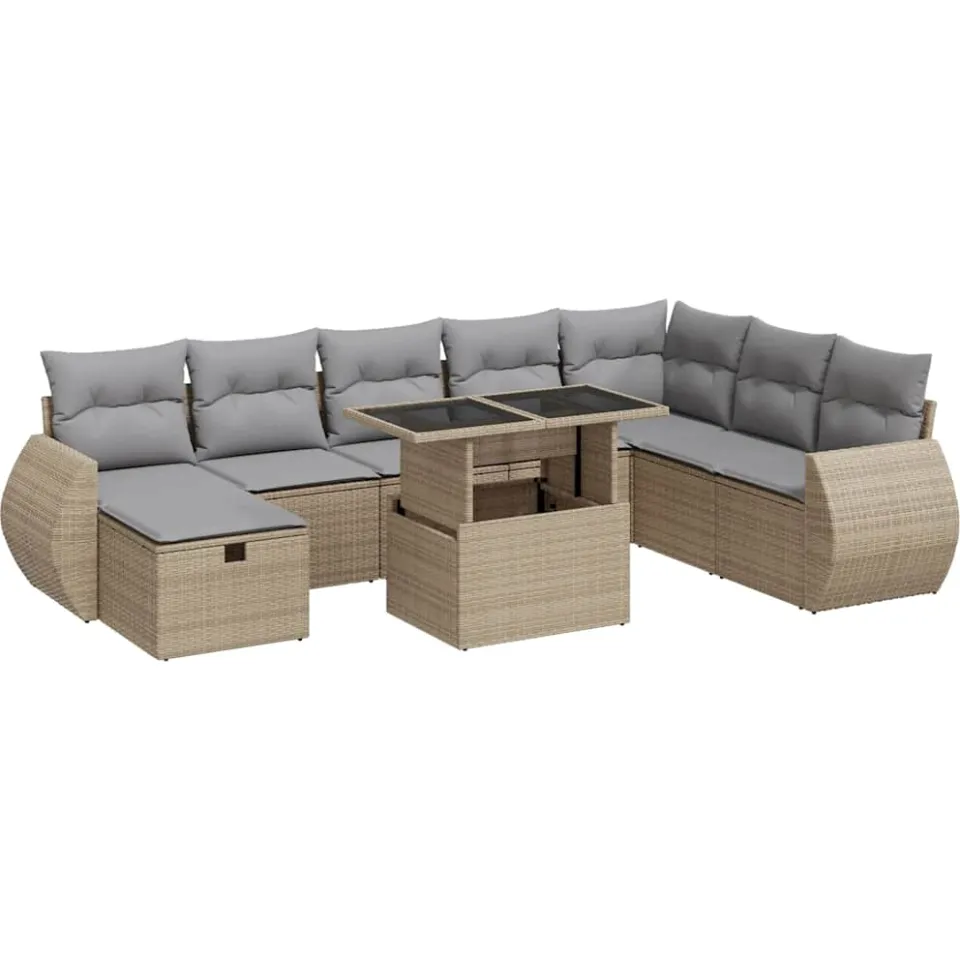 vidaXL 9-delige Loungeset met kussens poly rattan beige, foto 3