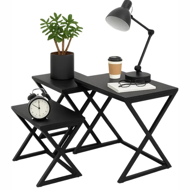 Lomera Bijzettafels Set van 3 - X-Shaped Bijzettafels - Metaal Frame - MDF Gefineerd Tafelblad - Zwart Frame - Zwart Tafelblad - Compacte Bijzettafels - Stijlvolle Bijzettafels - Functionele Bijzettafels - Veelzijdige Bijzettafels nvt