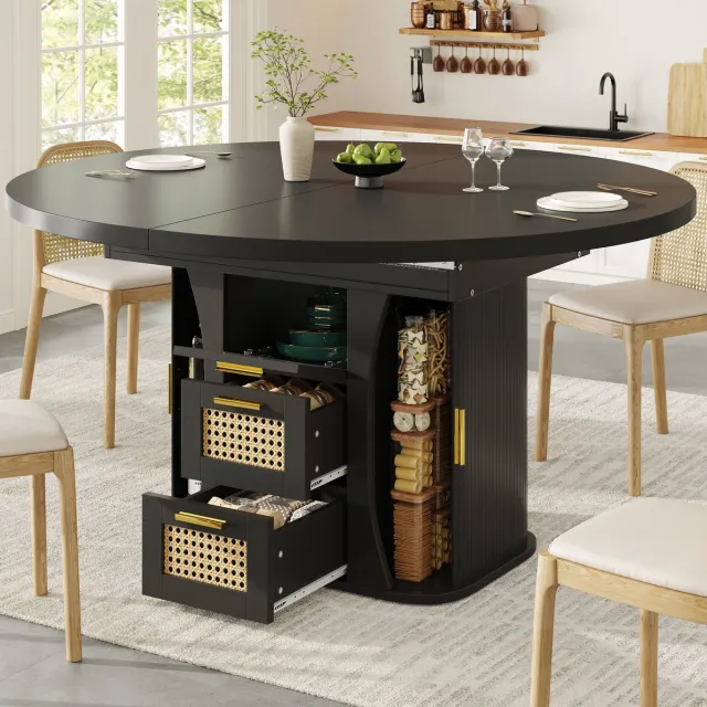 DESMIU Uitschuifbare Eettafel Met Opbergruimte En Rieten Lades Voor Woonkamer En Keuken MDF Metaal Zwart 118 158 Cm
