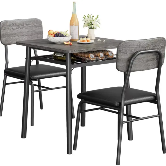 Whoopr® 3-Delige Eetkamerset voor 2 Personen – Eettafel met 2 Gestoffeerde Eetkamerstoelen & Opbergrek – Metalen Frame – Compacte Keukentafel voor Kleine Ruimtes – Grijs