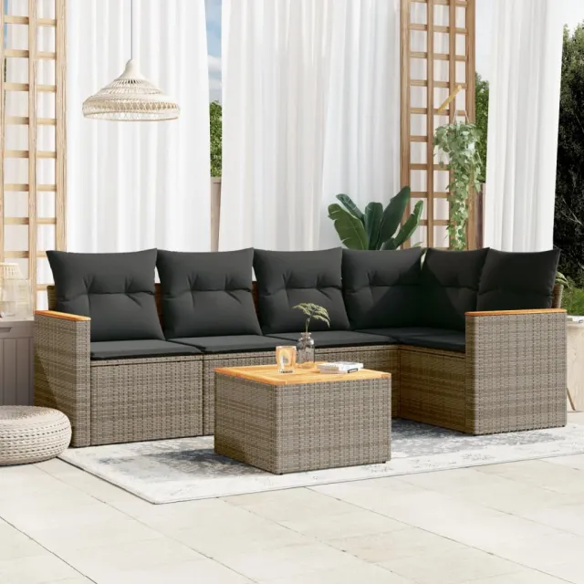 vidaXL 6-delige Loungeset met kussens poly rattan grijs, foto 2