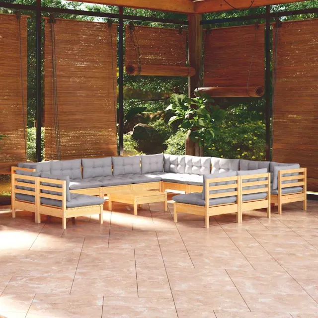 vidaXL 14-delige Loungeset met grijze kussens massief grenenhout Grijs