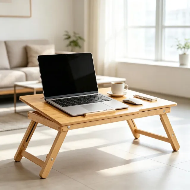 REDOM Bedtafel - Verstelbaar en kantelbaar blad - Opklapbare poten - Lade en ventilatiegaten - Bamboe - Natuurlijk - 55 x 35 x 22 tot 32,5 cm Naturel