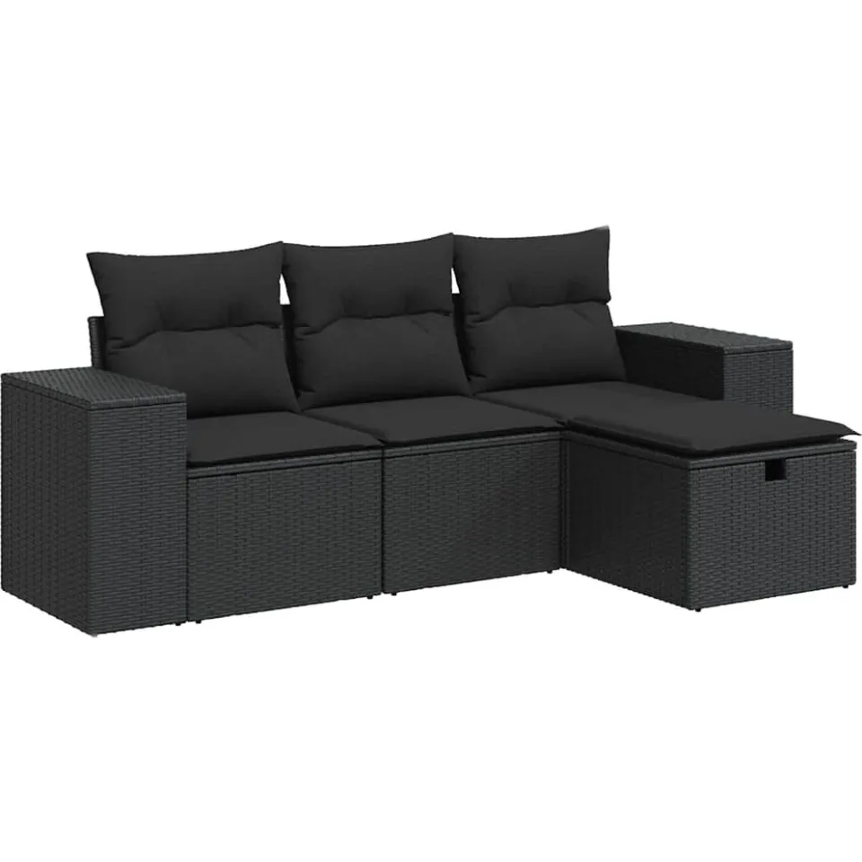 vidaXL 4-delige Loungeset met kussens poly rattan zwart, foto 3