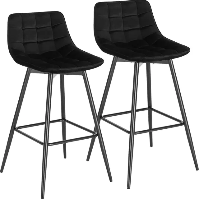 Klarven Barkrukken set van 2 Fluweel balck - Met ergonomische rugleuning - Kunstleer zit, stevig metalen frame, antislip poten - Zithoogte 64 cm, totaalhoogte 88 cm zwart