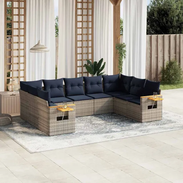 vidaXL 9-delige Loungeset met kussens poly rattan grijs, foto 2
