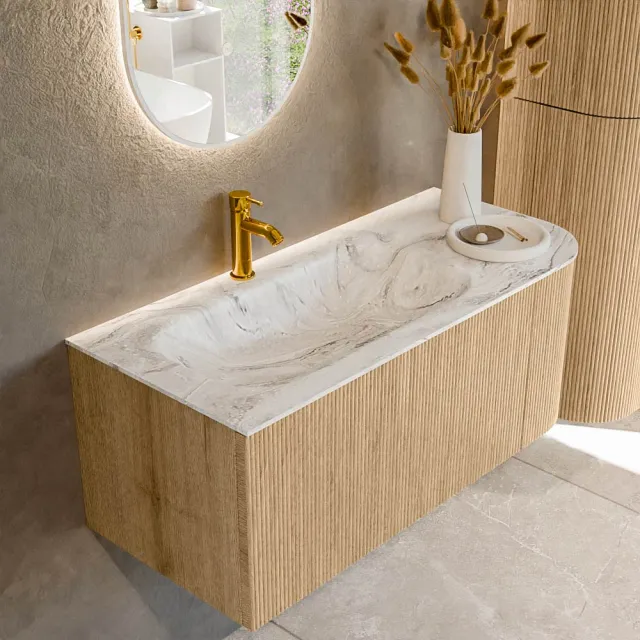 Mondiaz KURVE-DLUX 105 cm Onderkast Greeploos 1 Lade Met Deuren Oak, Wastafel Solid Surface Links Glace 1 Kraangat Zonder Spiegel (KRVBGS105R1L1D1KL-Oak/Gla)