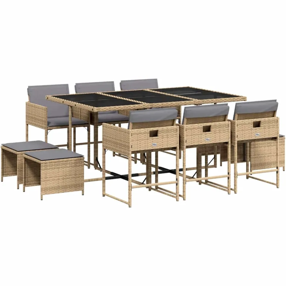 vidaXL 11-delige Tuinset met kussens poly rattan gemengd beige, foto 3