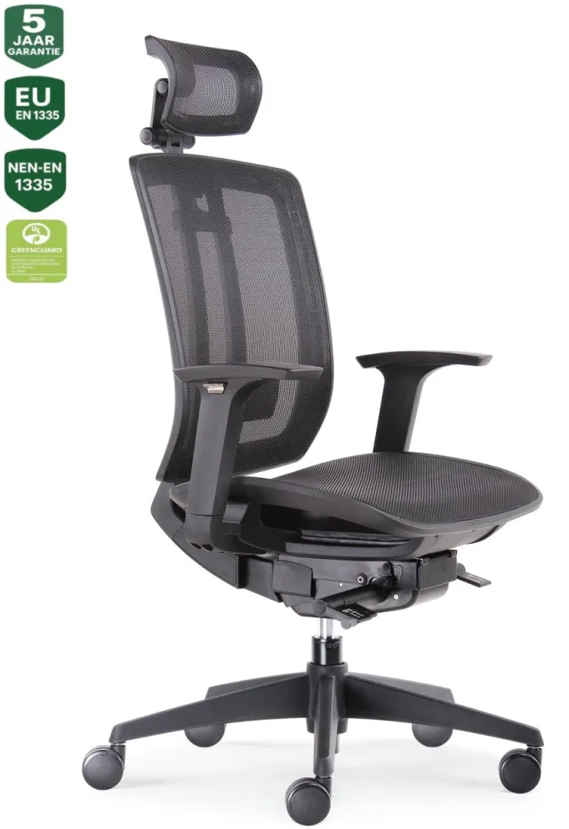 Bens 816DH-Synchro-4 - Ergonomische Bureaustoel - Bureaustoelen voor volwassenen - Kantoorstoel - Zwevende Zitting - met Hoofdsteun - GREENGUARD GOLD - NEN-EN1335 & ARBO normen - Zwart Zwart incl. Hoofdsteun