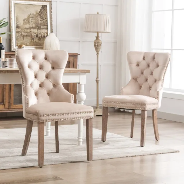 Gutent Eetkamerstoelen, Beige (2 stuks), Unieke Uitsparingen op de rugleuning, Gestoffeerde stoelen met spijkerkop, Massief houten poten, fluwelen bekleding, keukenstoelen, woonkamerstoelen