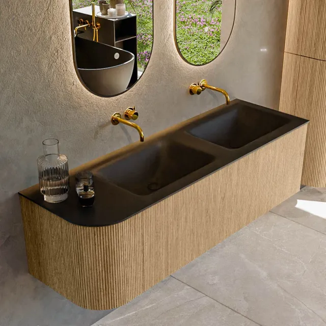 Mondiaz KURVE 145 cm Onderkast Greeploos 1 Lade Met Deuren Oak, Wastafel Solid Surface Rechts Urban 0 Kraangaten Zonder Spiegel (KRVCLO145L1L1D0KD-Oak/Urb)
