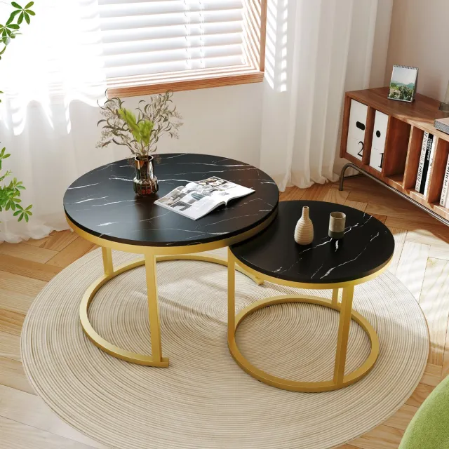 Elekiatech Salontafel - Salontafel Rond - Salon Tafel Set van 2 - Ø70 & Ø50 cm - Marmerlook Tafelblad - Metalen Frame - Voor Woonkamer of Slaapkamer - Zwart Zwart-Rond