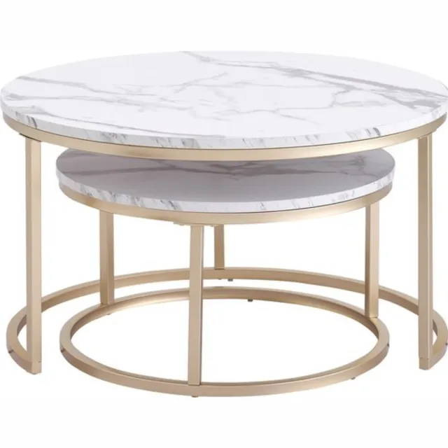 Thuys Moderne Salontafel – Koffietafel – Set van 2 – Bijzettafel – Marmer Look – Rond – Luxe Design – Wit/Goud Wit / Goud Marmerlook