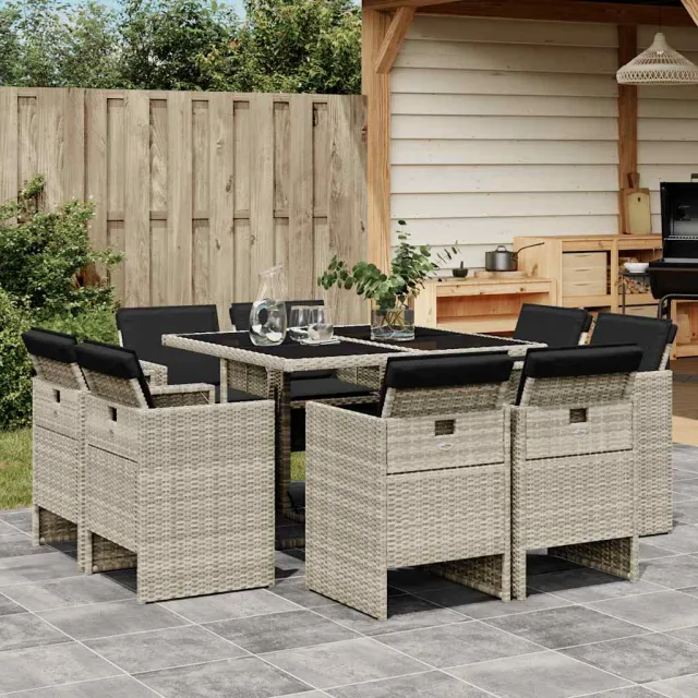 vidaXL 9-delige Tuinset met kussens poly rattan lichtgrijs