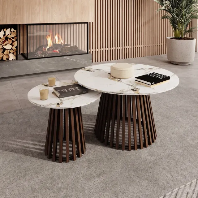 MEUBELLA Maroa - Salontafel set van 2 - Walnootpatroon/Marmerlook Bruin|Wit