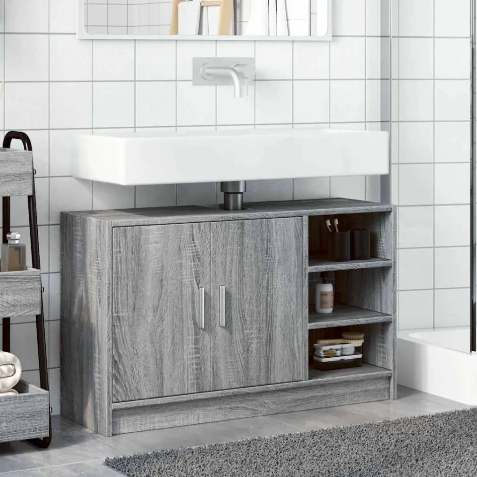 vidaXL Wastafelkast 90x29x55 cm bewerkt hout grijs sonoma eikenkleurig, foto 3