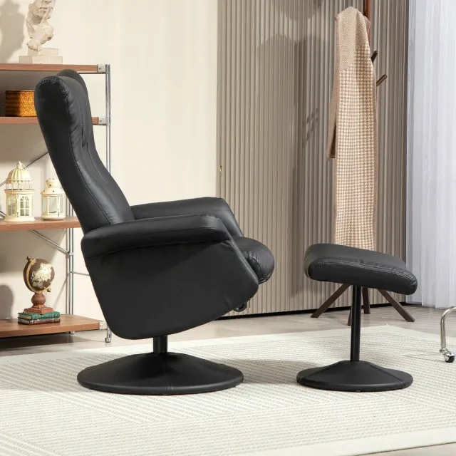REDOM Relaxfauteuil Met Voetenbank - Verstelbare Rugleuning En 360° Draaibaar - Voor Woonkamer - Kunstleer - Zwart