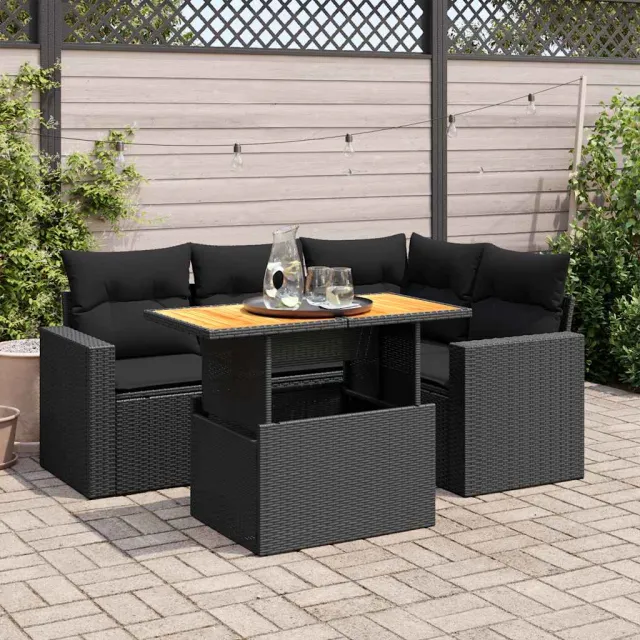vidaXL 5-delige Loungeset met kussens poly rattan zwart, foto 2