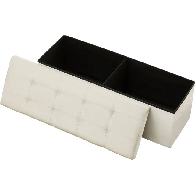 Vevor Opvouwbare Poef met Opbergruimte (Rechthoekig), Voetenbank met Zijvakken, Opvouwbare, Gevoerde Kruk, Belastbaar tot 299,37kg, 11x38x38cm, voor Woonkamer, Slaapkamer, Hal, Beige