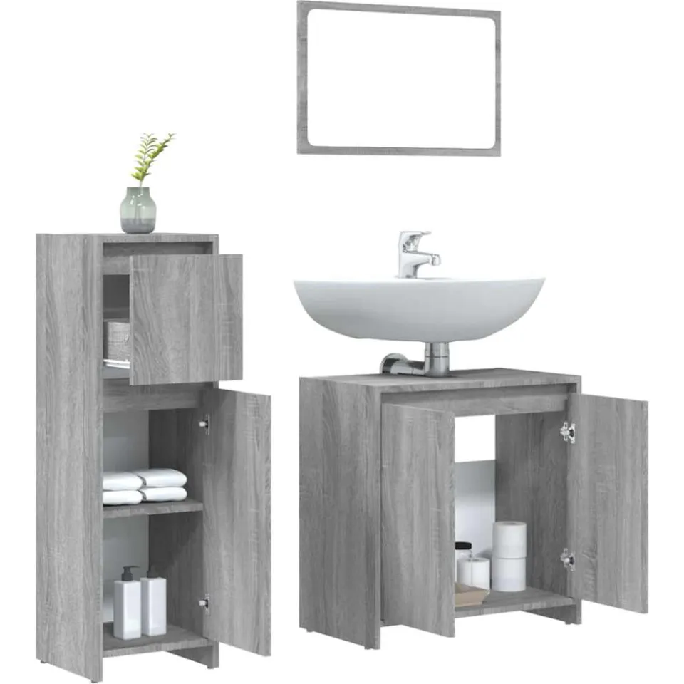 vidaXL 3-delige Badkamermeubelset bewerkt hout grijs sonoma eikenkleur, foto 4