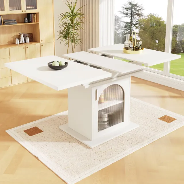 Zubaliya Uitschuifbare Telescoop Eettafel - 140x80 cm Keukentafel Met Opbergniveaus - Moderne Multifunctionele Eettafel - MDF en Glas - Wit