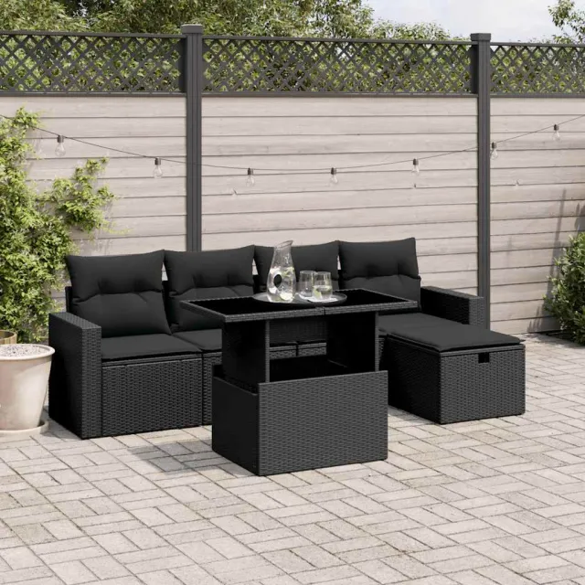 vidaXL 6-delige Loungeset met kussens poly rattan zwart, foto 2