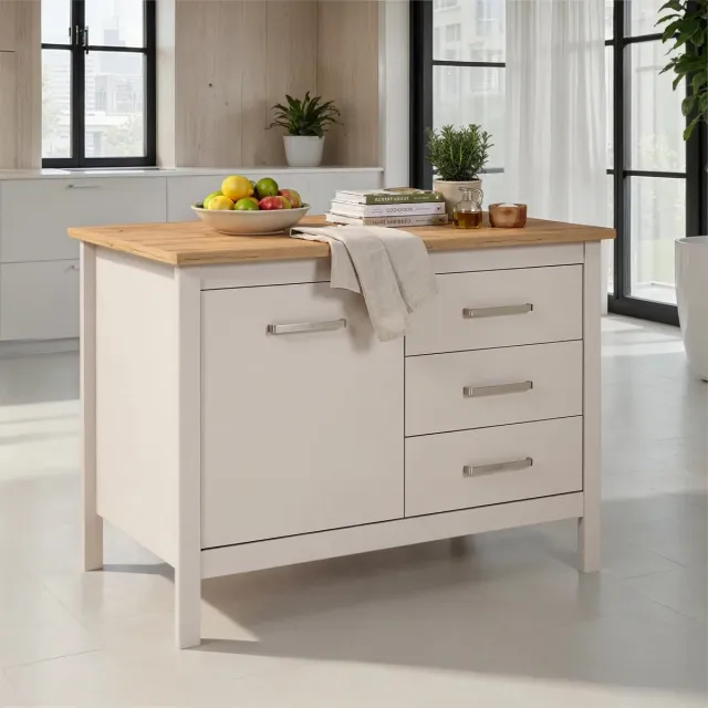 Interlink SAS Interlink - kookeiland Piazza cachemire-warm wit en eik met 3 laden en 1 deur - 124x75cm cachemire warm wit