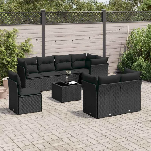 vidaXL 9-delige Loungeset met kussens poly rattan zwart, foto 2