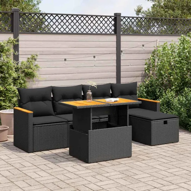 vidaXL 6-delige Loungeset met kussens poly rattan zwart, foto 2