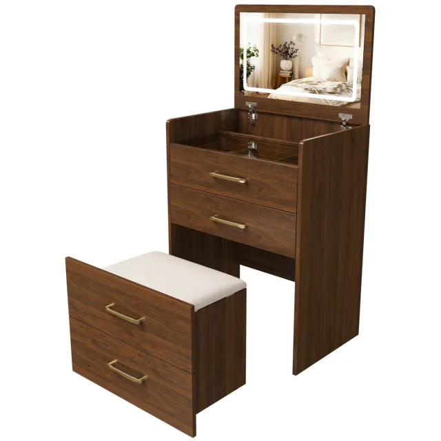 MODFU Kaptafel met spiegel – 60x40x118 cm – 3-in-1 opklapbaar ontwerp – Compact met ruime opbergruimte – MDF – Walnootkleur Okkernoot