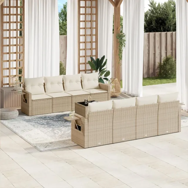vidaXL 9-delige Loungeset met kussens poly rattan beige, foto 2