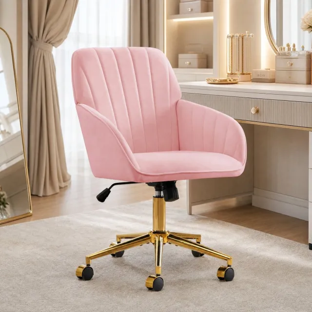 REDOM Bureaustoel met armleuningen - Verstelbare zithoogte - 360 graden draaibaar - Met wielen - Fluwelen bekleding - Bureau en slaapkamer - Roze - 57 x 29 x 52 cm