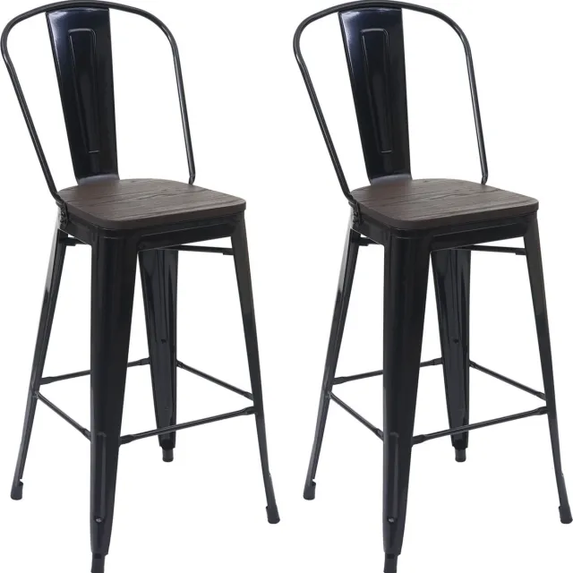 MCW Set van 2 barkrukken MCW-A73 incl. houten zitting, barkruk met rugleuning, metalen industrieel ontwerp ~ zwart