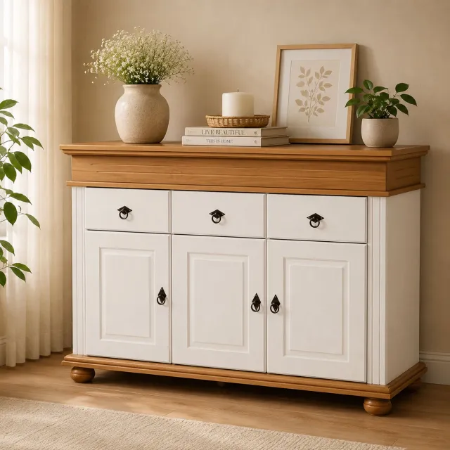 Inter Link SAS Dressoir Massetto 141 cm – 3 Deuren en 3 Laden – Wit/Naturel Eiken – Landelijke Stijl – Softclose